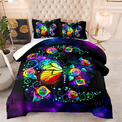 Bettdecke 140X200 Schmetterlingsblumen Bettdecken 200Gsm,Dünne Und Leichte Duvet,4 Jahreszeiten Bettdecken,Weiche Mikrofaser Bettdecke Mit 2 Kissenbezüge,Warm Steppbettdecke Für Allergiker