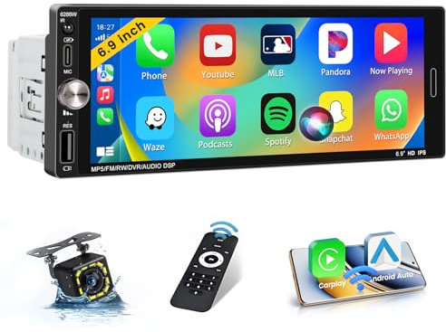 Inefala Bluetooth-Autoradio 1 Din mit kabellosem CarPlay & Android Auto 6,9 Zoll Touchscreen Autoradio mit Mirror Link Radio RDS/FM USB Typ-C Rückfahrkamera Mikrofon Fernbedienung