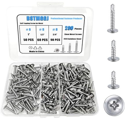 BSTMGGJ 200pcs #8 Self Tapping Screws for Metal,410 Stainless Steel Sheet Metal Screws Assortment Kit, Self Drilling Screws (1/2, 3/4, 1) Modified Truss Head