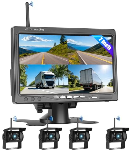 1080P Kabelloses Rückfahrkamerasystem für Wohnmobile, 7-Zoll-Rückfahrkameramonitor für 4 Kanäle mit Wasserdichter IP69-Nachtsicht-Front Rückfahrkamera für LKW Wohnmobil Van SUV Pickup mit BSD