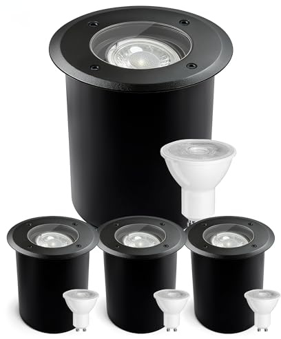 JNR Edelstahl Bodenstrahler Außen IP67 Wasserdicht 230V, Schwarz 4 Pack | Schwenkbar LED Licht, Bodeneinbaustrahler Aussen mit 5W GU10 3000K Glühbirne, Bodenleuchten Gartenbeleuchtung mit Strom