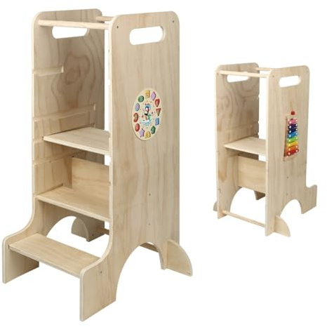 Lernturm für Kinder, Montessori Learning Tower mit Tafel, 3-in-1, faltbar, multifunktional, Beobachtungsturm, Lernturm ab 1 Jahr