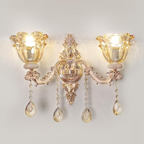 Vrygle Wandleuchte Kristall Wandlampe Gold: Vintage Innenleuchte mit Blumen Form Schirm & 2xE14 Lampen, Für Wohnzimmer, Flur, Schlafzimmer