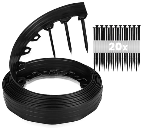 GARDENIX Bordure de pelouse Flexible en Plastique - Résistante aux intempéries - Bordure de Parterre de Fleurs Ronde - Noir - 10 m - 20 piquets - Hauteur : 8 cm