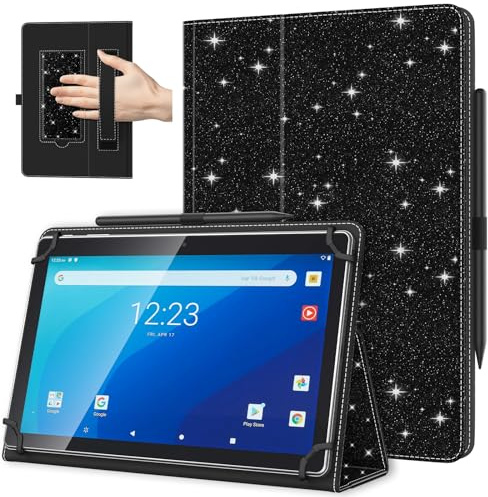 TiMOVO Universal Hülle für 10,1 Zoll Android Tablet, Glitter Schwarz | Mit Stiftschlaufe, Leicht & Faltbar, Standhülle, Mit Handschlaufe, Für 9,6-11 Zoll Touchscreen-Tabletten