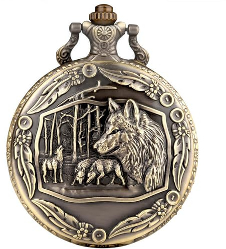 DerMacht Vintage Quartz Fob Pocket Watch for Men, Anniversary & Birthday Gifts, Wolf Gifts, Gift Box