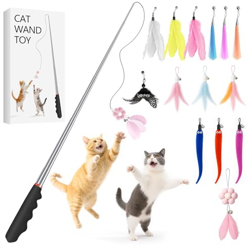 KDULPG 15PCS Interactive Cat Toys – 1 Stainless Steel Cat Wand + 14 Assorted Teasers – Cat Feather Toy Set for Indoor Cats Adult & Kittens (1 Cat Wand +14Cat Feather Toy)