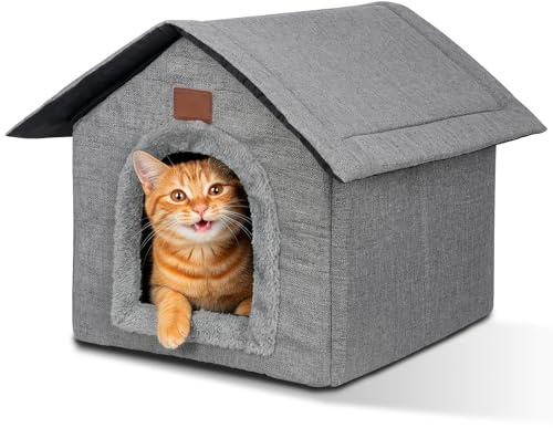 DAJASD Katzenhaus Outdoor Winterfest, Katzenhöhle, Hundehöhle mit Abnehmbarem Plüschkissen, Wasserdicht Wetterfester, Hundehütte Indoor, Hundehaus für Drinnen/Indoor 35x30x35cm (Grau, S)