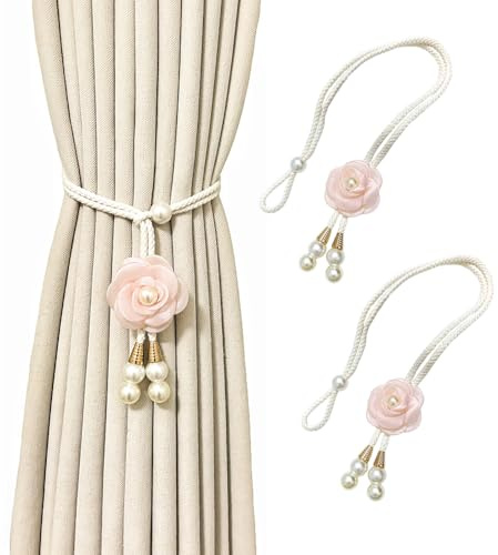 MSLSOZ Raffhalter mit Blumenmuster, 2 Stück, Vorhang-Raffhalter mit Perle, verstellbare Vorhänge, Raffhalter mit Metallstiften auf der Rückseite, leichter Luxus-Stil, geeignet für Wohnzimmer