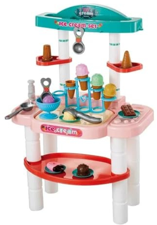 PNJB Kids Ice Cream Shop Playset, Interactive Role Play Dessert Station, Educational Toy Pretend Ice Cream Stand Toy with Scoops, Cones, Utensils & Serving Counter