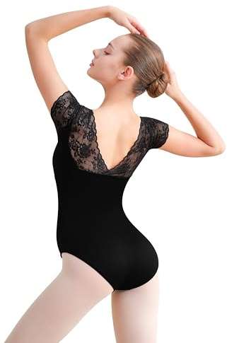 Tegmk Women Lace Short Sleeve Ballet Dance Leotard, Full Front Lining, Open Back（FT237117-06-M