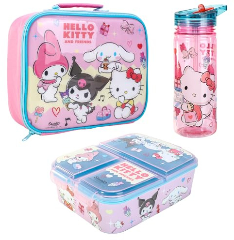 Hello Kitty & Friends - Juego de lonchera para niños, bolsa de almuerzo aislada, lonchera multicompartimento y botella de agua de 580 ml, juego de comida para viajes escolares, sin BPA