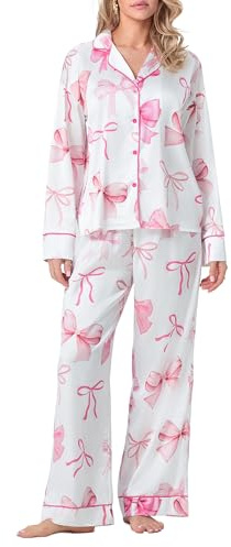 Lshyuehao Valentine's Day Bow Pajamas for Women Long Sleeve Button Shirt Lounge Pants Pjs Set Silk Satin 2 Piece Sleepwear (A-Pink Bow, S)