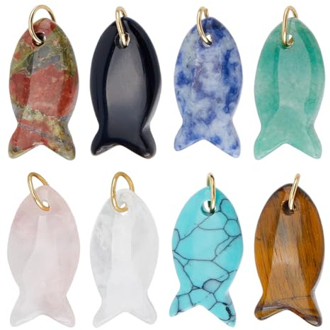 SUPERFINDINGS 8Pcs 8 Styles Natural Gemstone Beads 28mm Fish Crystal Charm with Jump Rings Tiger Eye Amethyst Charms Sea Ocean Animal Spacer Pendant for Jewellery Making