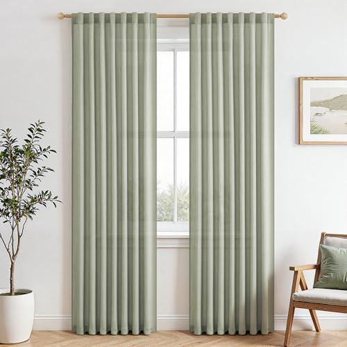 MRTREES Vorhang Salbeigrün Leinenoptik Halbtransparent 2er Set H 200 x B 140 cm, Voile Gardinen Wohnzimmer Modern Grün Vorhänge Schlafzimmer mit Verdeckten Schlaufen, Leinenvorhänge