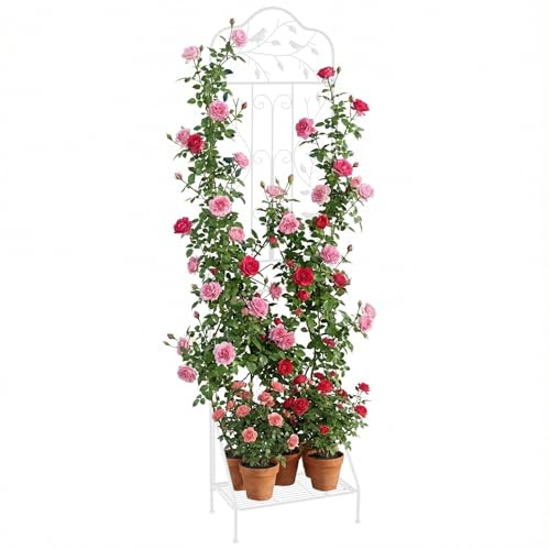 COSTWAY Rankgitter Metall, 3 in 1 dekorativer Gartenzaun & Blumenregal & Pflanzstütze, freistehende Rankhilfe mit Sockel, Spalier Garten, Rankspalier für Kletterpflanzen Blume Gemüse (Weiß,1 Pack)
