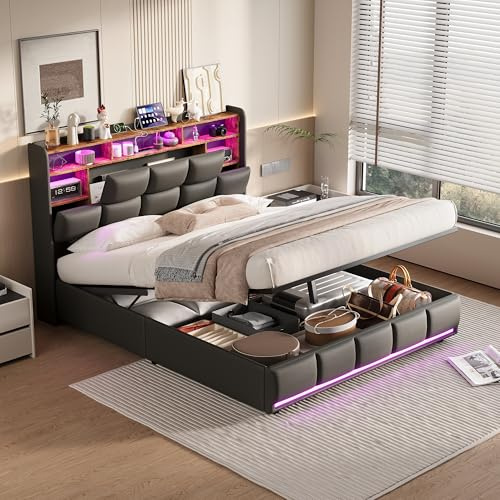 KOOPMAD Lit Coffre 140x190 avec sommier,Lit Double avec Rangement de Tête de lit,Cadre de Lits 140x190 avec LED et Ports USB,Lits 2 Personnes pour Adultes,PU, Noir(sans Matelas)