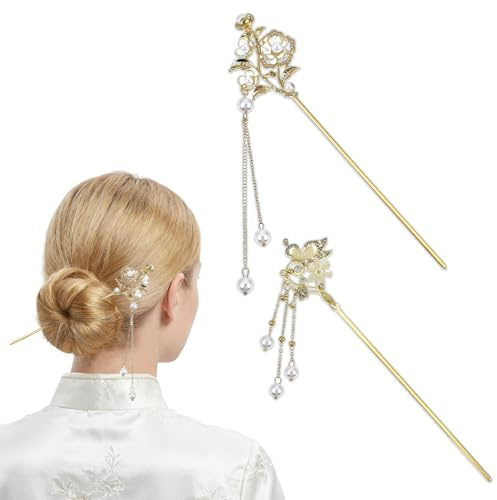 Ymapinc 2PCS Lily Flower Chinese Hair Pins, Vintage Gold Floral Hairpin Sticks with Pearl Tassel, Hair Chopsticks Decorative Pendant for Hanfu Enthusiasts