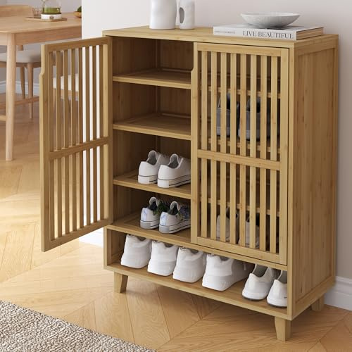 [en.casa] Zapatero Sirgerg Armario con 5 Estantes y 2 Puertas Batientes Mueble Zapatero Organizador para Zapatos Multiusos Bambú 91 x 72 x 35 cm - Natural