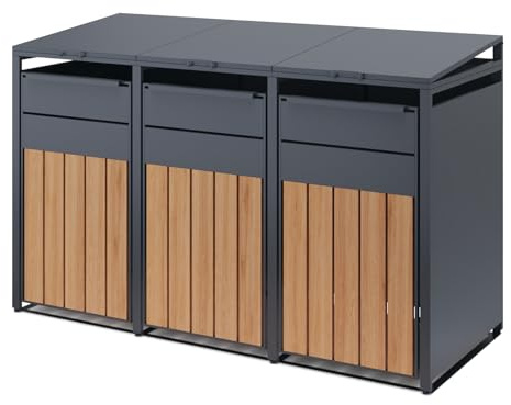 OMERAI Mülltonnenbox 3er für 3 Mülltonne bis 240L Anthrazit mit Holzoptik | Hochwertige Mülltonnenverkleidung - Wetterfest Garten Müllbox - UV-beständige - Stahl Verzinkter - Mülltonnecontainer