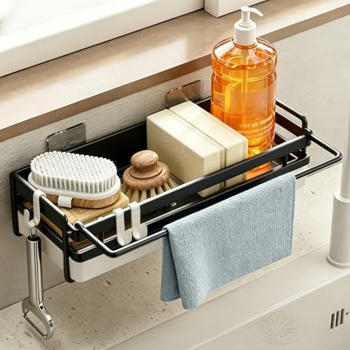 Spülbecken Organizer Hängend Schwarz–Spültuchhalter ohne Bohren mit 3 Haken,Spülbürstenhalter & Auffangschale,Küchen Organizer Spüle für Spülmittel,Schwamm & Spültuch,Spülbecken Organizer Schmal