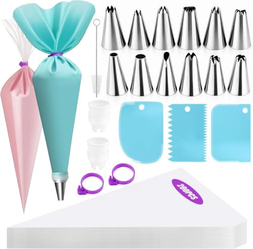 220PCS Piping Bags and Nozzles Set - 12 Stainless Steel Icing Nozzles, 200 Disposable Piping Bags, 1 Reusable Silicone Pastry Bag, 3 Scrapers, 1 Brush, 2 Bag Ties & 2 Couplers, Cake Decorating Tools