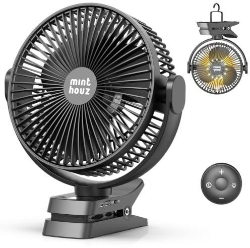 Minthouz Ventilatore da tavolo con clip, 20 cm, 10.000 mAh, USB, nero, 20 | 5 livelli, 29 ore di autonomia, telecomando e indicatore LED, ventilatore portatile per casa, passeggino e campeggio