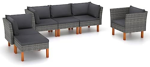 RCODSSK 6-TLG. Garten-Lounge-Set Poly Rattan und Eukalyptusholz Grau, Gartensofa Grau mit Polsterkissen, Poly Rattan Sofa 3-Sitzer Gartensofa mit Kissen Garten Sofa