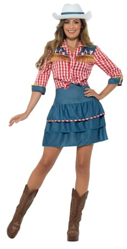 Smiffys Rodeo Doll Costume, Blue with Skirt, Shirt & Hat, Cowboys and Indians Fancy Dress, Adult Dress Up Costumes