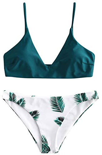 ZAFUL Damen Bikini Sets, Push-Up Spaghettiträger Bikini Obertiel Hoher Bund Pflanzenmuster Badehose Sommer (Pfauenblau, M)