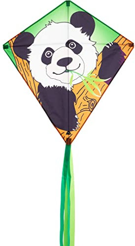 HQ Eddy Panda Kinderdrachen Drachen Flugdrachen Einleiner Drachen zum steigen Lassen, wenig Wind, ab 5 Jahre, 68x68cm und 200cm Drachenschwanz inkl. 17kp Polyesterschnur 40m auf Spule, 2-5 Beaufort