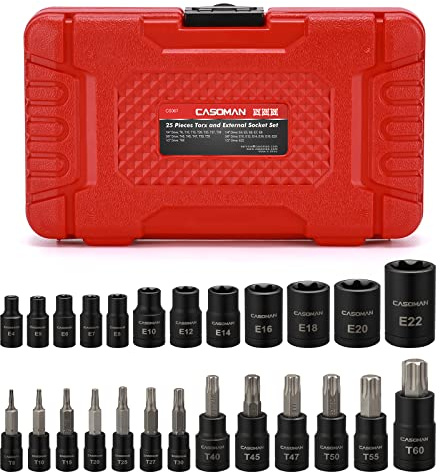 CASOMAN 25 Piece Torx Bit Socket and Female External Socket Set, 13 Star Socket Bits (T8- T60)& 12 Female E-Torx Sockets (E4-E22)