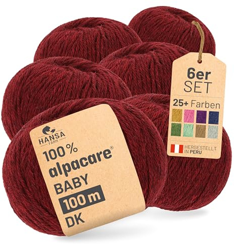 HANSA-FARM | Alpacare 100% die 1. maschinenwaschbare Baby Alpakawolle - 300 Set DK (6 x 50g) - kratzfreie Alpaka Wolle zum Stricken & Häkeln - Weinrot