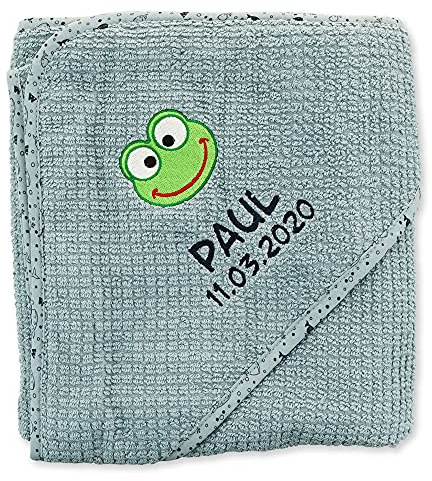 Wolimbo Bio Kapuzenbadetuch - stahlblau WALE 80x80cm - personalisierbar - Badehandtuch - weiches Babyhandtuch - Geschenk zur Taufe, Geburt - 100% Baumwolle