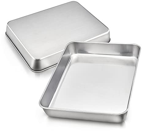 HaWare Baking Oven Tray Set of 2, Stainless Steel Deep Baking Brownie Pan, Small Rectangle Cake Tins for Cooking/Roasting/Serving, 26.6x20.2x5cm, Healthy& Durable, Brushed Surface& Dishwasher Safe