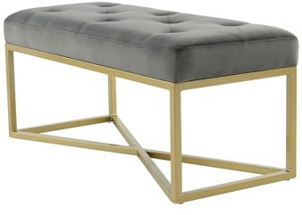 Qiyano Iwalani Samt Sitzbank Grau, Gesteppte Polsterbank Flur, Schlafzimmer & Garderobe, Robust & Pflegeleicht, Goldene Metallfüße