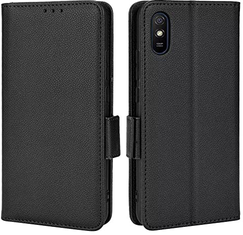 Topme Leder Tasche Hülle für Redmi 9A / Redmi 9AT (6.53 Inches), [einfache Telefonhülle mit Litschi-Muster] - Schwarz