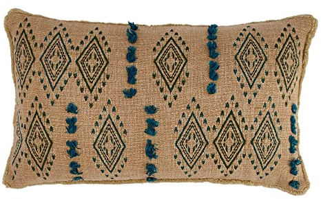 Cotton Lumbar Pillow with Tufted Embroidered Design and Fringe, Multicolor