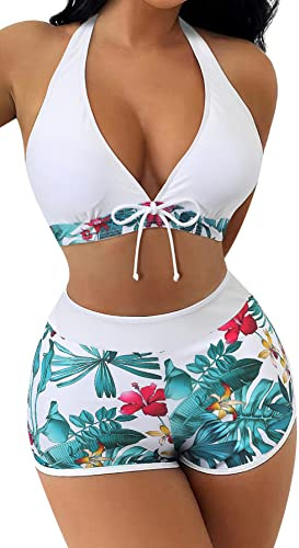 SEAUR Bikiniset för damer, tvådelad baddräkt, badshorts med bikinitopp, blommönster, sommar, badkläder, tvådelad, baddräkt, badshorts, pool, strand, S, M, L, XL, A16# vit, M