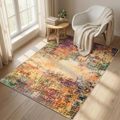 Hafaa Washable Rugs Living Room 80x150 cm – Soft Short Pile Area Rugs For Bedroom Dining Room, Kitchen Carpet Non Slip Bedside Rug Traditional Multicolored Design Vintage Boho Cashmere Rug, Vibrant