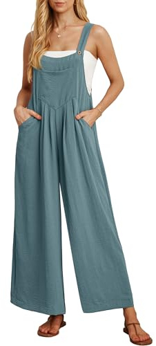 IWOLLENCE Women's Summer Jumpsuits Boho Wide Leg Overalls Casual Loose Rompers with Pockets 2024 Blue Green Medium