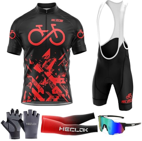 Radtrikot Set Herren Kurzarm Schnell Trocknend Atmungsaktiv Fahrradbekleidung＋Fahrradtrikot Trägerhose mit Sitzpolster 9D，für MTB Rennrad Fahrrad Jersey (TYP-2,5XL)