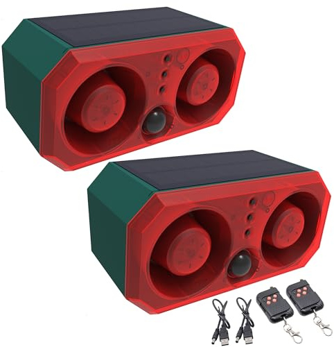QXMH capteur de Mouvement extérieur Solaire Alarme-détecteur de Mouvement Alarme, aboiement de Chien et Coup de feu, bruiteur Fort 2 * 129dB, Enregistrement de Support (2 Pack)
