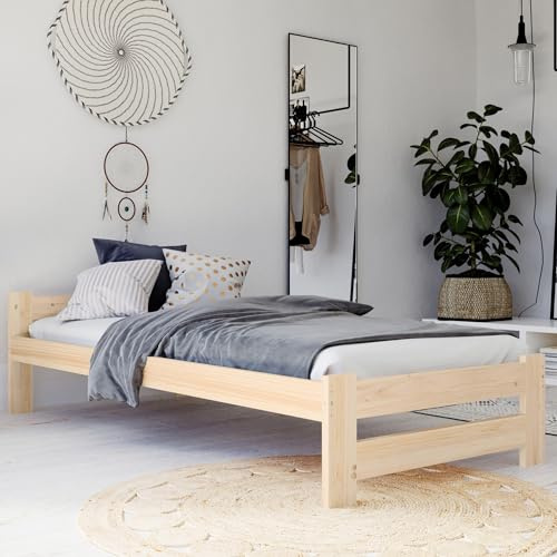 Home Collective Holzbett 100x200 cm mit Lattenrost Modern Bett Kiefer Massiv Bettgestell Einzelbett Massivholzbett Klassisch Komfortabel & Langlebig Skandinavisch Boho Landhaus Kopfteil flach Natur