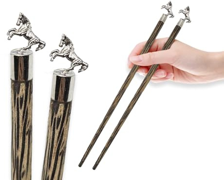 BestySuperStore Wooden Chopsticks 9⅞ Long Coconut Palm Wood Chopstick With Metal Horse Top Eating Utensils Oriental Cutlery Asian Tableware Decorative Dinnerware to Serve Chinese Japanese Korean Food