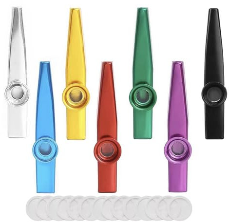 LIANRISES 7 Stück Kazoo Instrument Kazoos, Blasinstrumente Nasenflöte Panflöte, Metall und 14 Flötenfolien für Musikinstrumente und Partys Geschenke