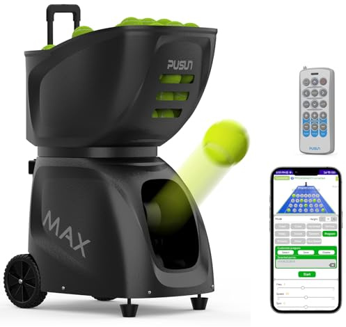 PUSUN PT-MAX C Tennisballmaschine - Profi Ballwerfer mit APP-Steuerung (App für Apple Watch), 28 Landepunkte & 26 Modi, Smart Trainer für alle Spielniveaus mit variablem System (5-7 Std.)