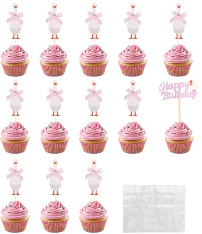 Lyreh 12stk Schleifen und 1stk Happy Birthday Gans Cupcake Topper, Lustige Alberne Gans Cupcake-Kuchendekorationen Perfekte Partygeschenke Dekoration für Geburtstags- und Themenpartys
