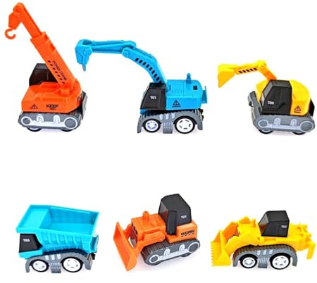 JZK 6X Kleine Rückzieh-Technikfahrzeuge, LKW-Spielset Kleinkinder Mini-Spielzeugautos für Kinder ab 3 Jahren, Geburtstagsgeschenke Jungen Mädchen, Kran Bagger Bulldozer Muldenkipper Lader Bohrer