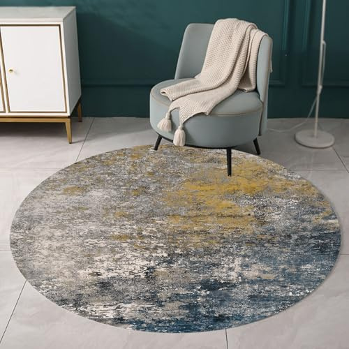 Yaaxinb Teppich Rund, Multi Yellow 110 cm, Runder Küchenteppich Kurzflor Waschbarer Kreis Teppiche für Wohnzimmer Schlafzimmer Esszimmer,Modernes Marineblau, Schwarz Grau, Gelb, Creme Deko